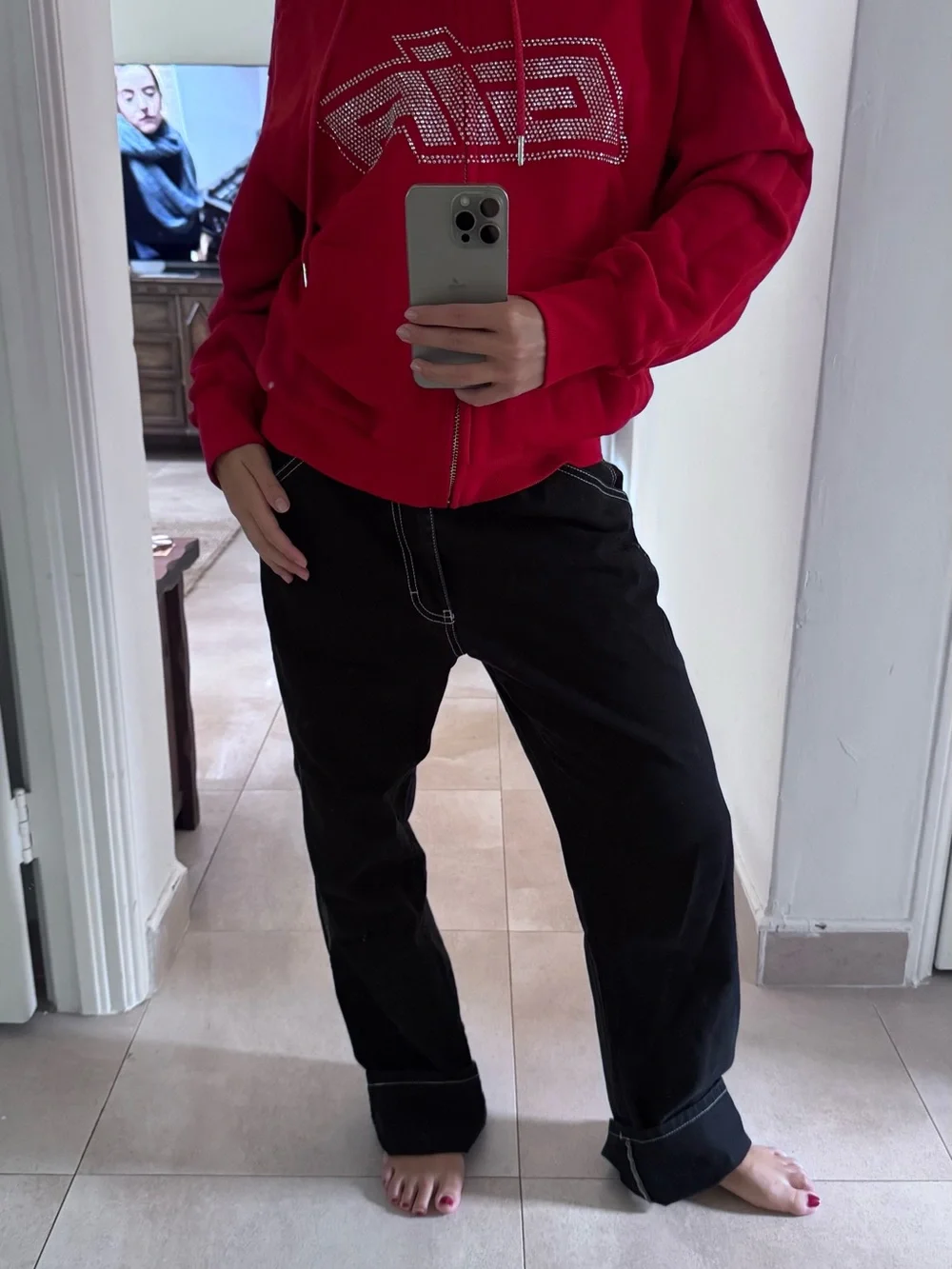 I.AM.GIA Red Rhinestone Logo Hoodie Sweater